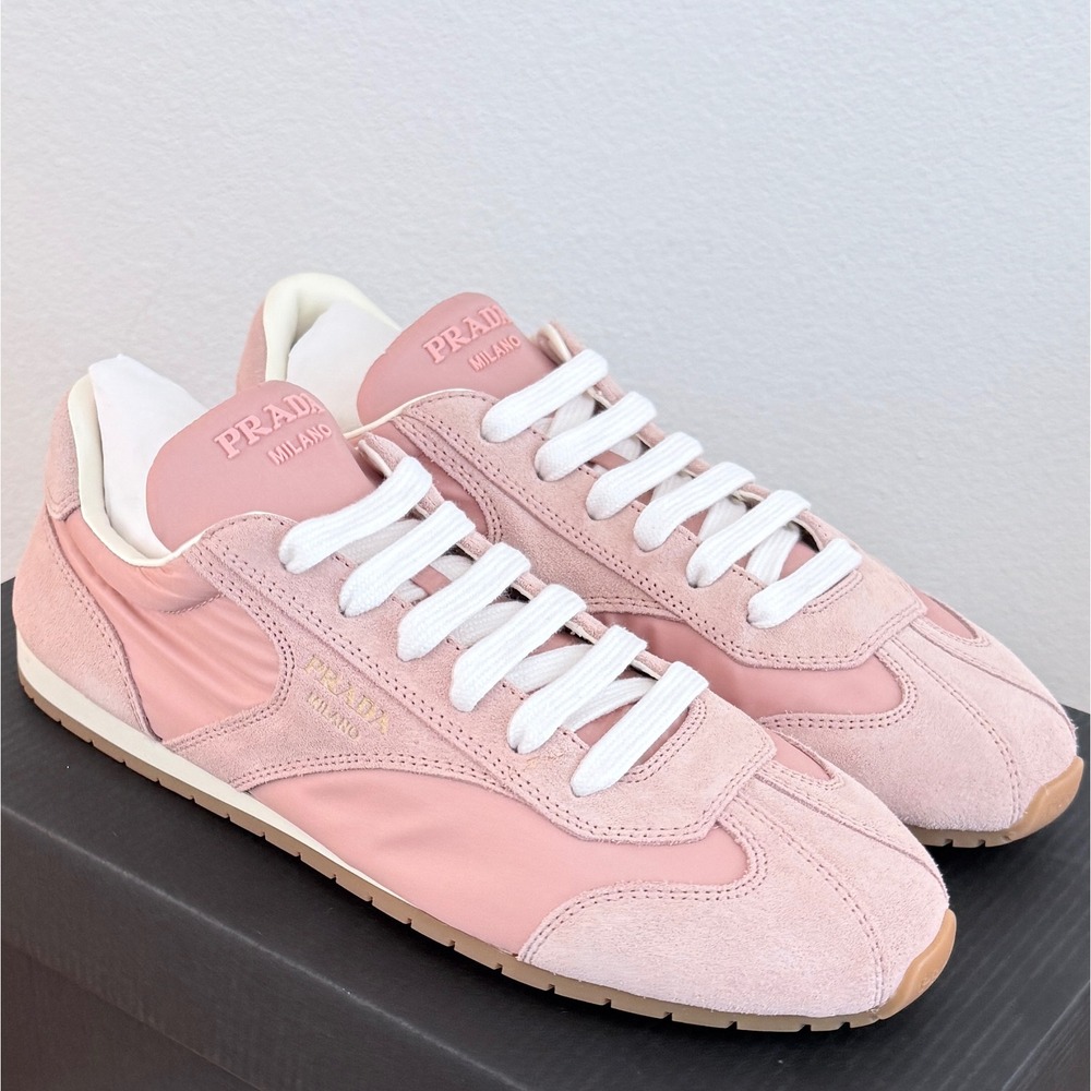 Prada Milano Women Sneakers 1E152D Pesco Pink Nylon Suede Low Top Trainers 37.5